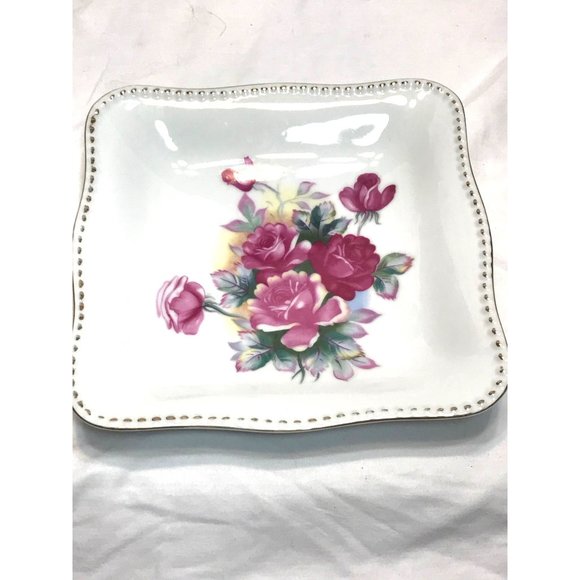 Vintage 8.5” square bowl, pink roses floral design, golden gilt trim, made in Ja - Picture 7 of 7